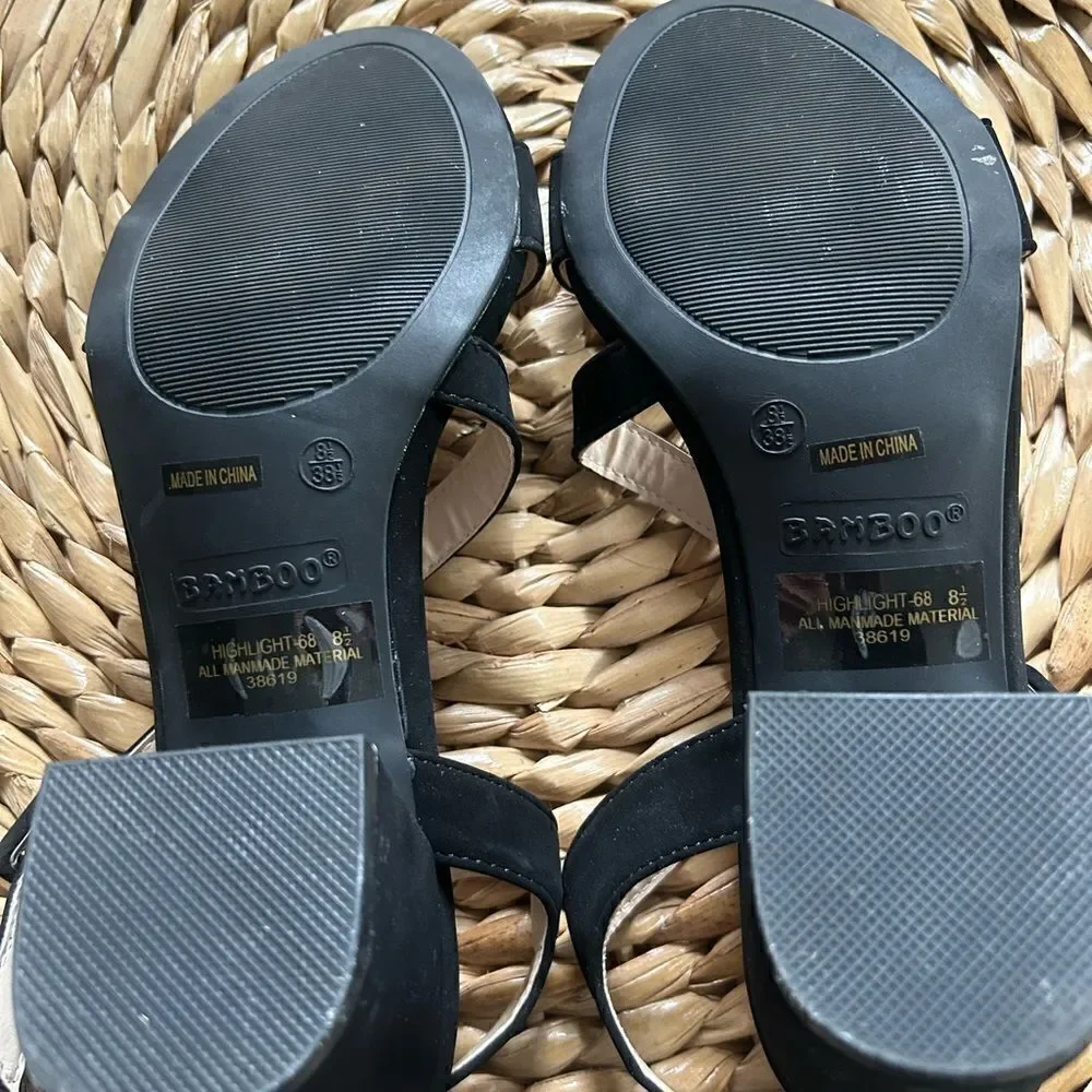 Bamboo Women’s Black Block Heel Sandal with Two Straps 2 Inch Heel Size 8.5